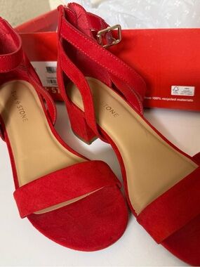 Sun + Stone Red Suede Block Heel Sandals